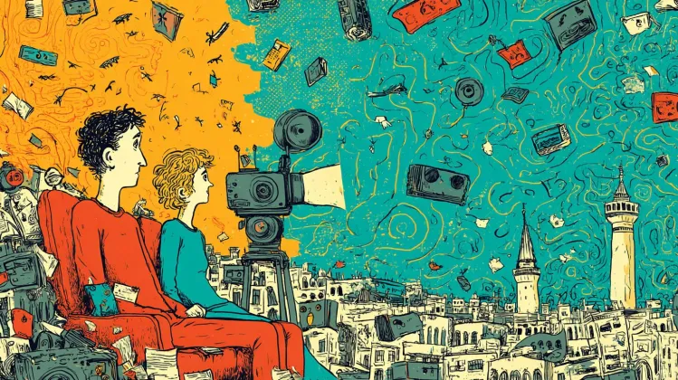 istanbul imgelerini sinemada izleyen iki kişinin resmedildiği karikatür